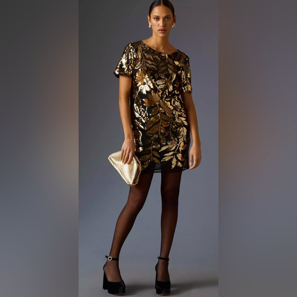 Anthropologie | Maeve Short Sleeve Sheer Sequined Mini Shift Dress. CL3